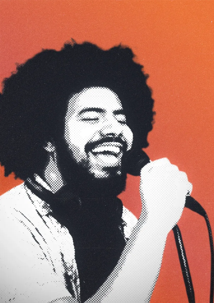 Halftone print of a singer mid-note, fist around the microphone, on an ember-orange ground